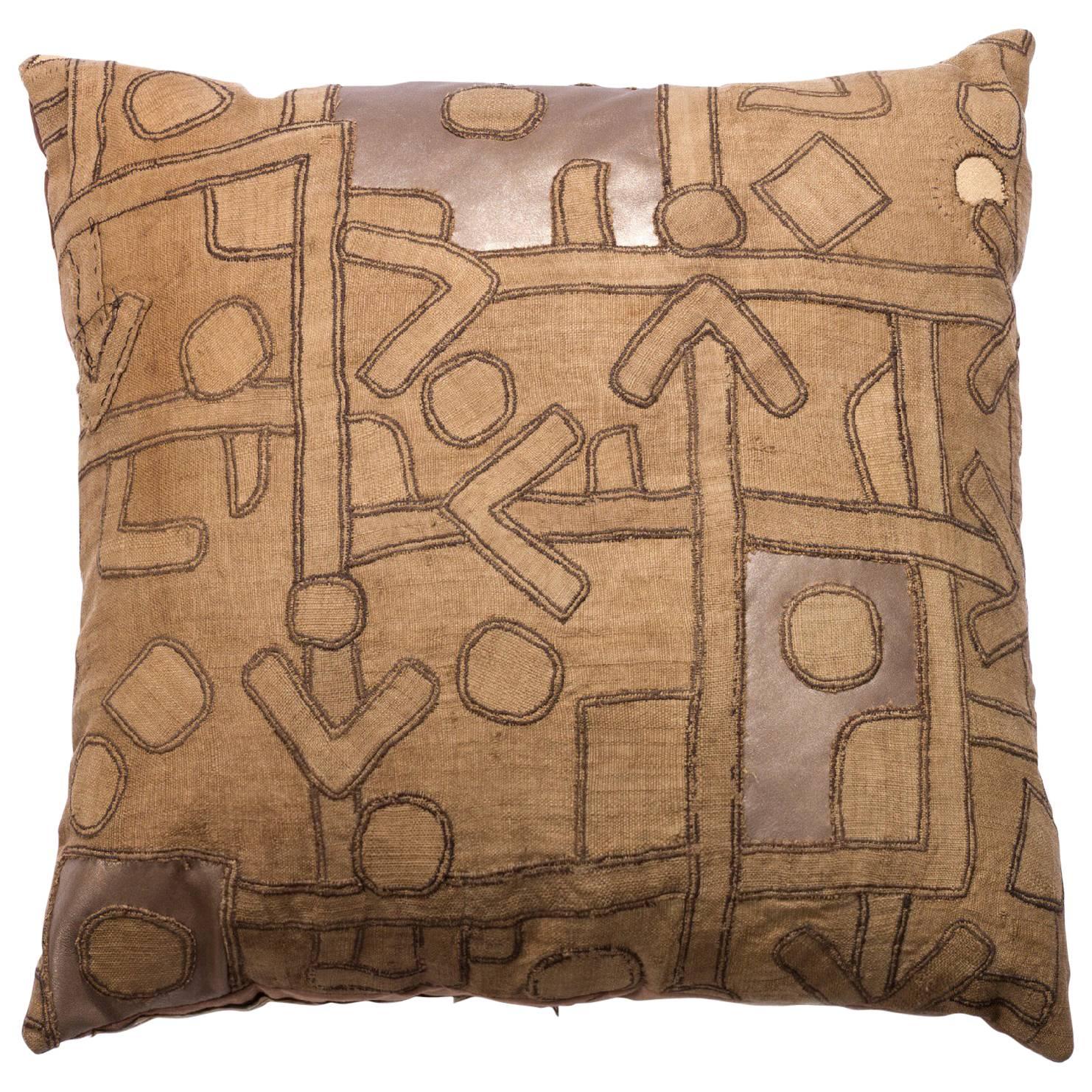 Antique Kuba Cloth with Gold Leather Inserts Pillow For Sale