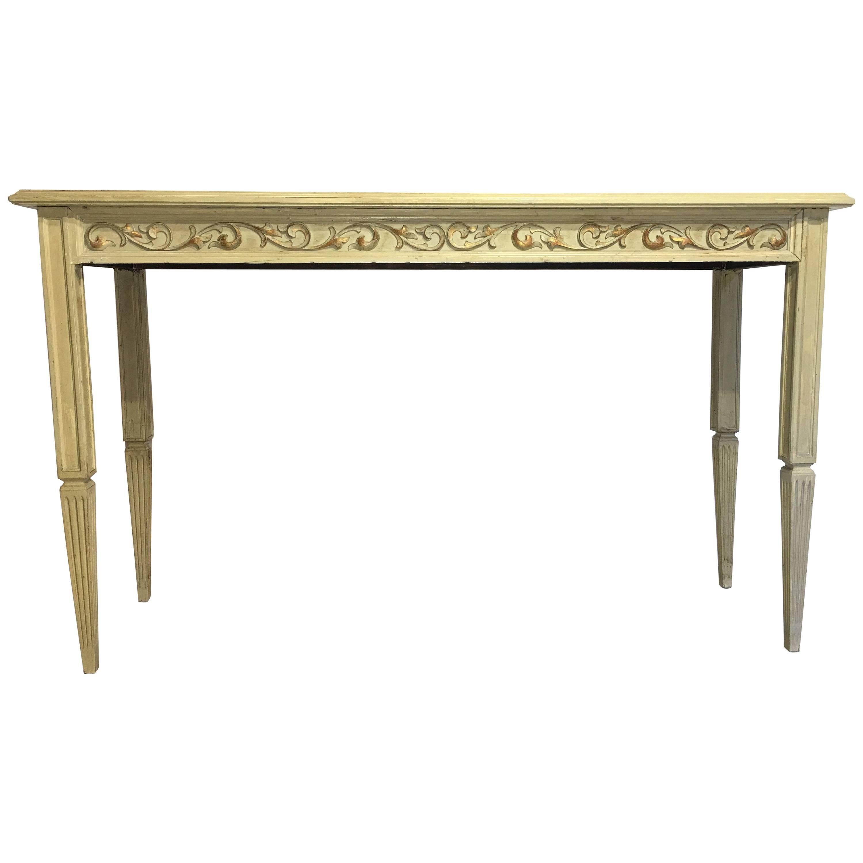 20th Century Painted Cream Beige Console Table with Ornamental Carved Relief