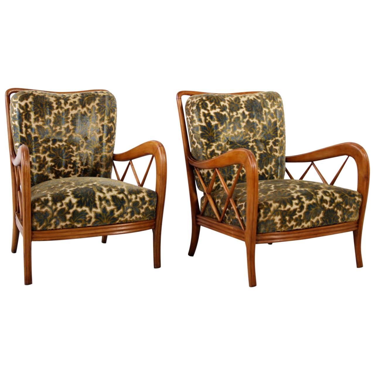Paolo Buffa Italian Pair of Wooden Armchairs with floral patterned Fabric, 1940s