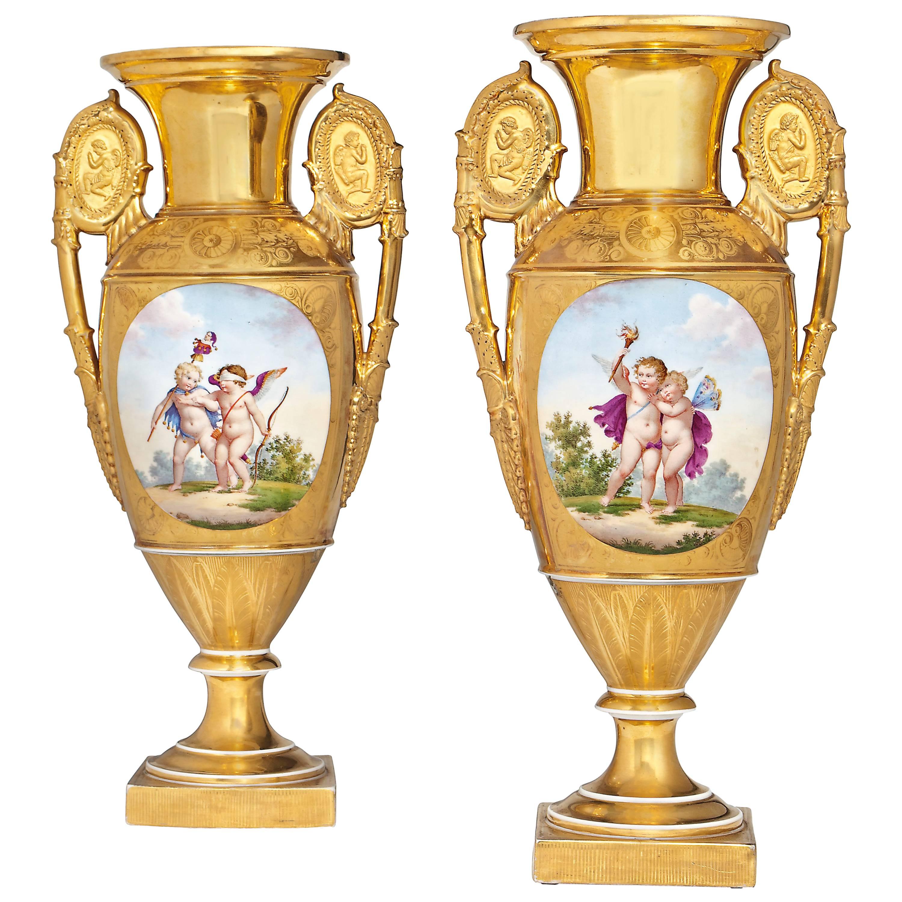 Pair of Empire Period Antique Parisian Porcelain Vases For Sale