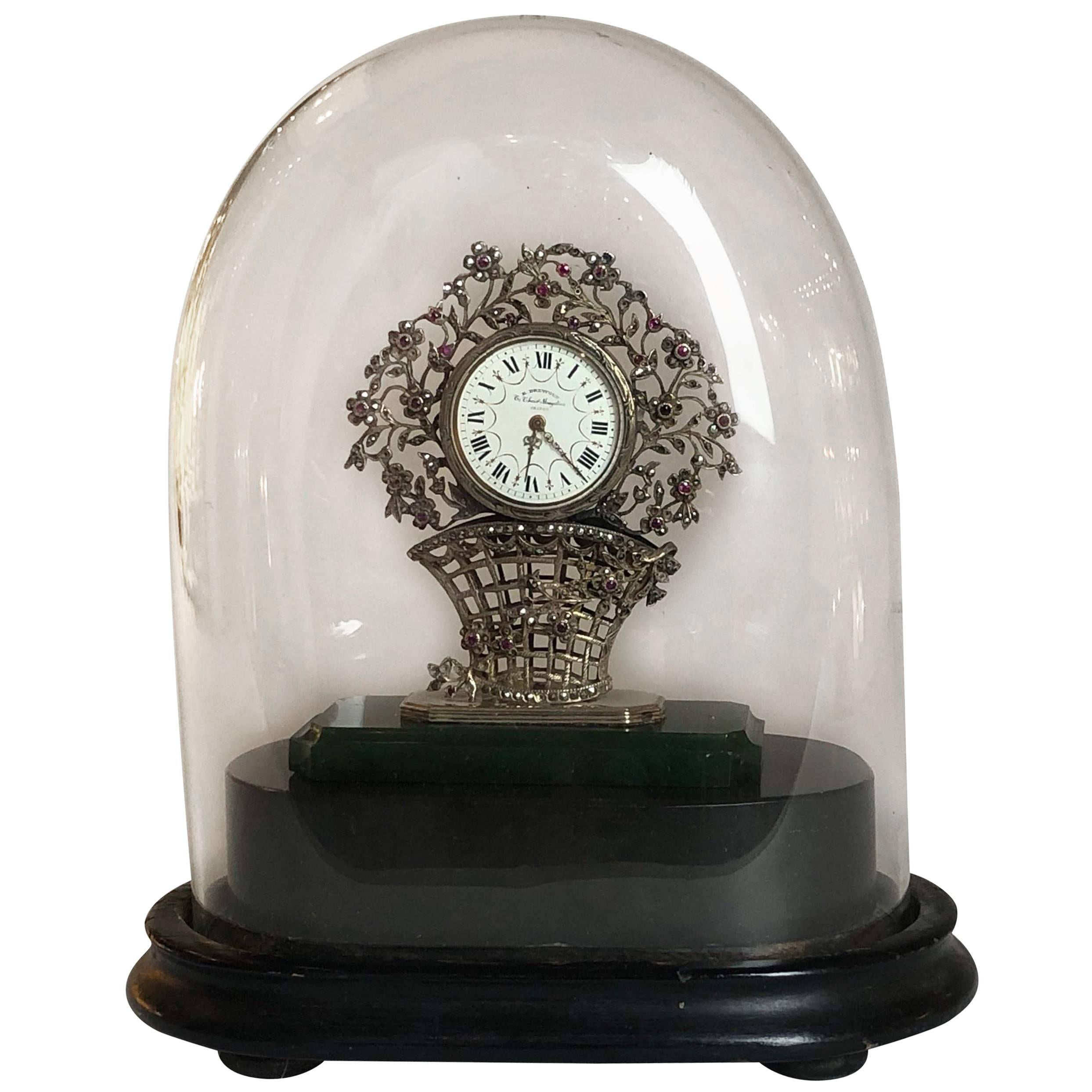 Silver and Precious Stone Miniature Table Clock by Dreyfous, 1880