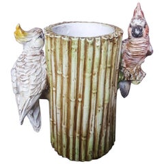 Vintage Majolica Vase, Whit Ceramic Bamboos and Two Parrots, Italy, circa 1960