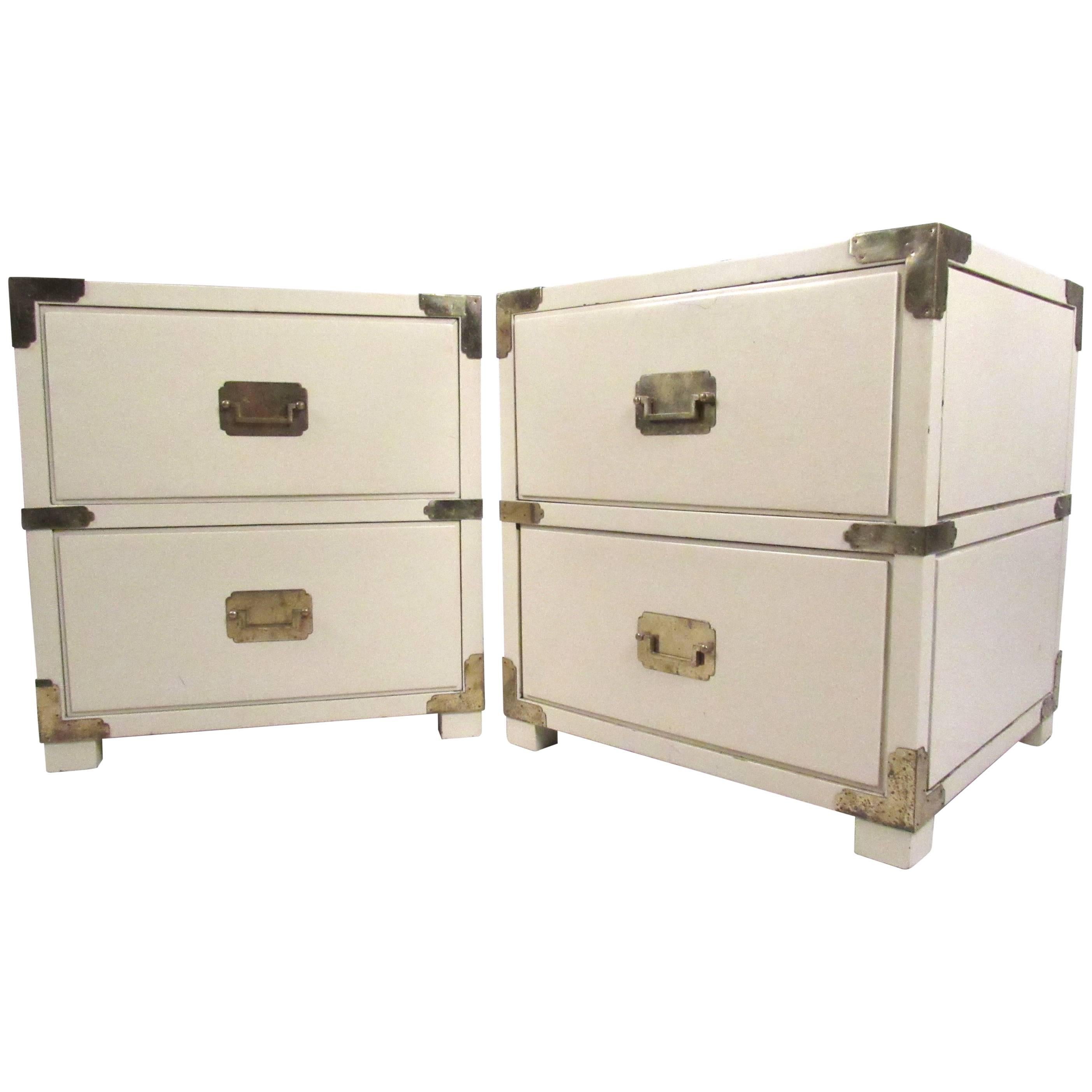 Pair of Campaign Style Two-Drawer Nightstands