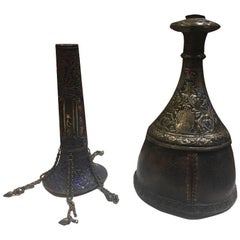 Antique 19th Century, a Qajar Silver Enamel Hookah with a Leather Base