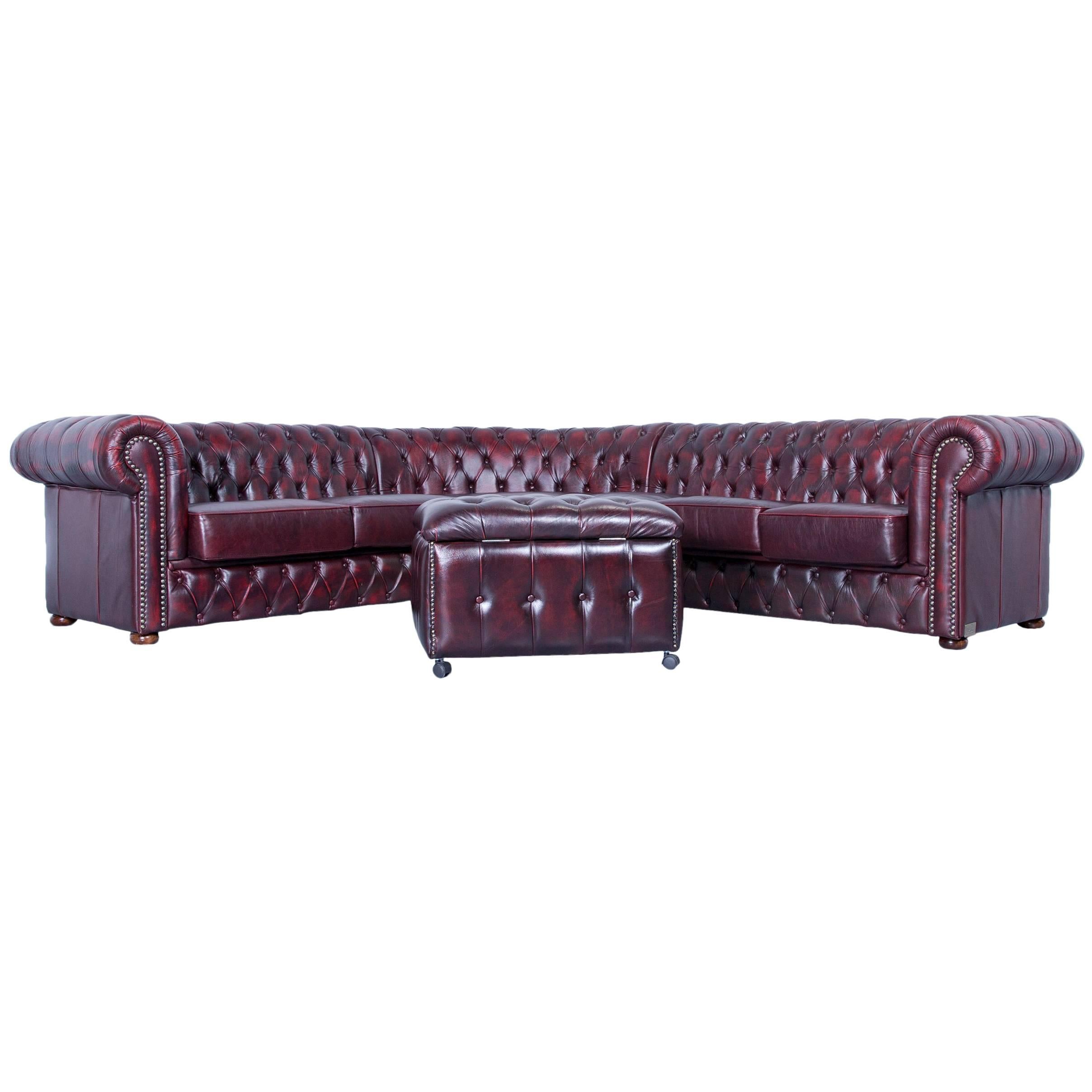 Rochester Chesterfield Corner Sofa and Footstool Oxblood Red Leather Couch Set