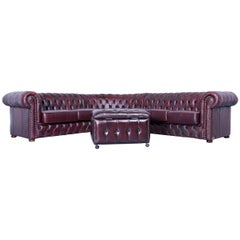 Vintage Rochester Chesterfield Corner Sofa and Footstool Oxblood Red Leather Couch Set