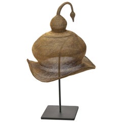 Vintage Primitive Brass Handwoven Ceremonial Hat on Stand, Indonesian 