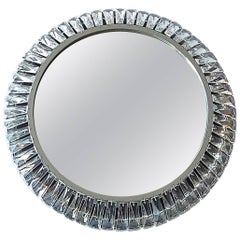 Retro Signed Illuminated Round Palwa Wall Mirror Chrome Faceted Crystal Glass 1960s