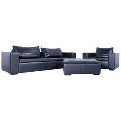 BoConcept Designer Sofa Set Black Three-Seat, Armchair and Footstool Leather