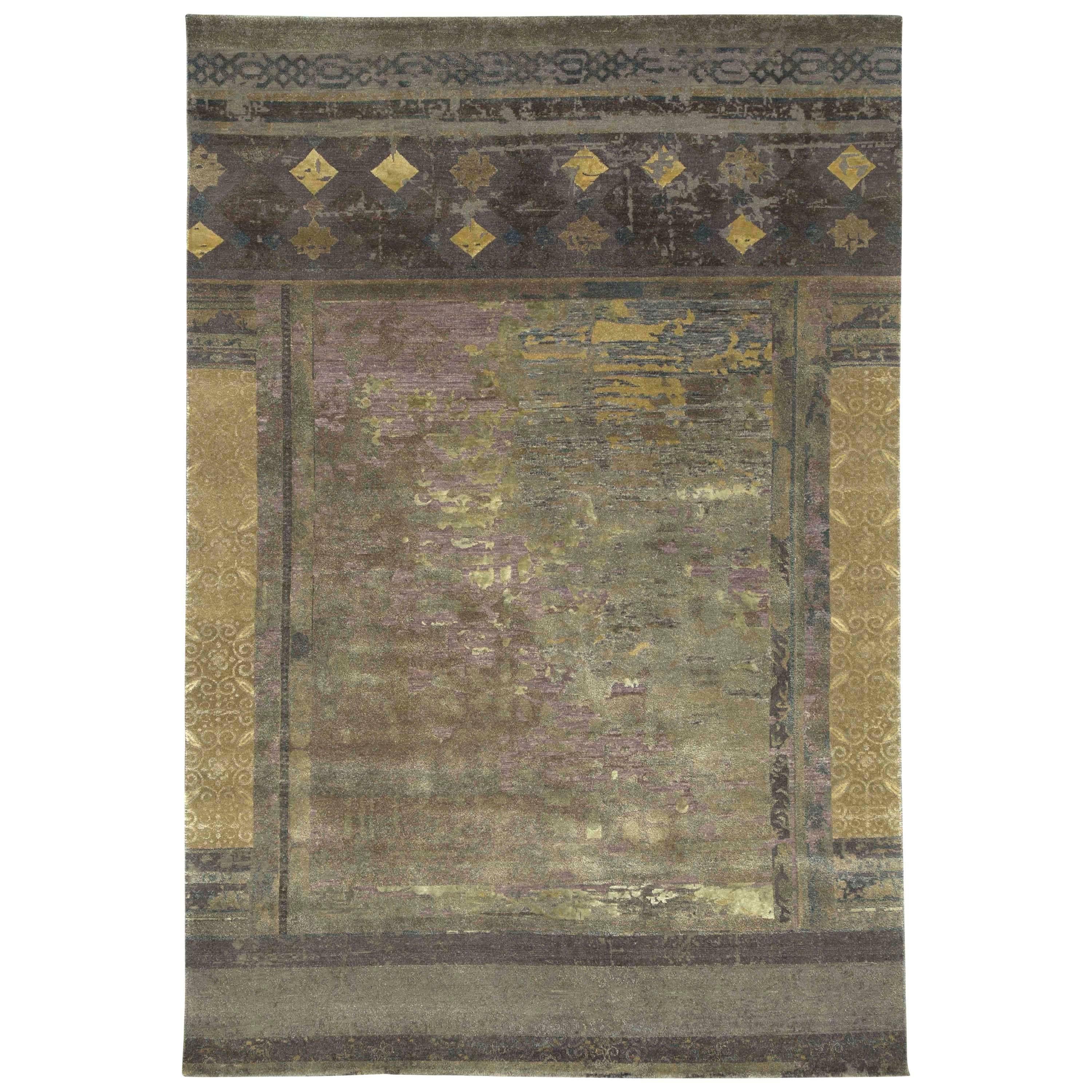 "Urban Maze" Blue Gold Hand-Knotted Area Rug For Sale