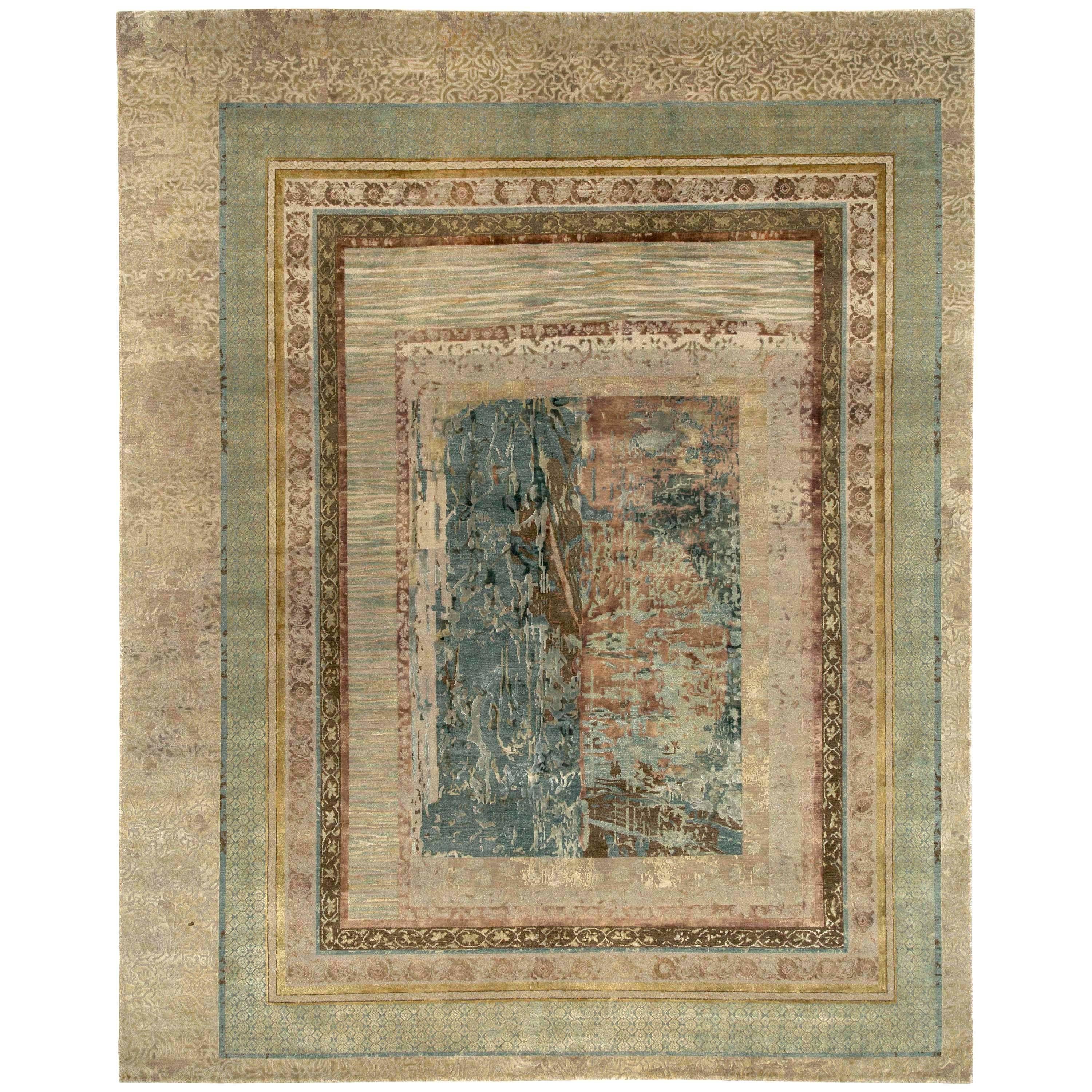"Sunset Synapses" Green Gold Hand-Knotted Area Rug For Sale