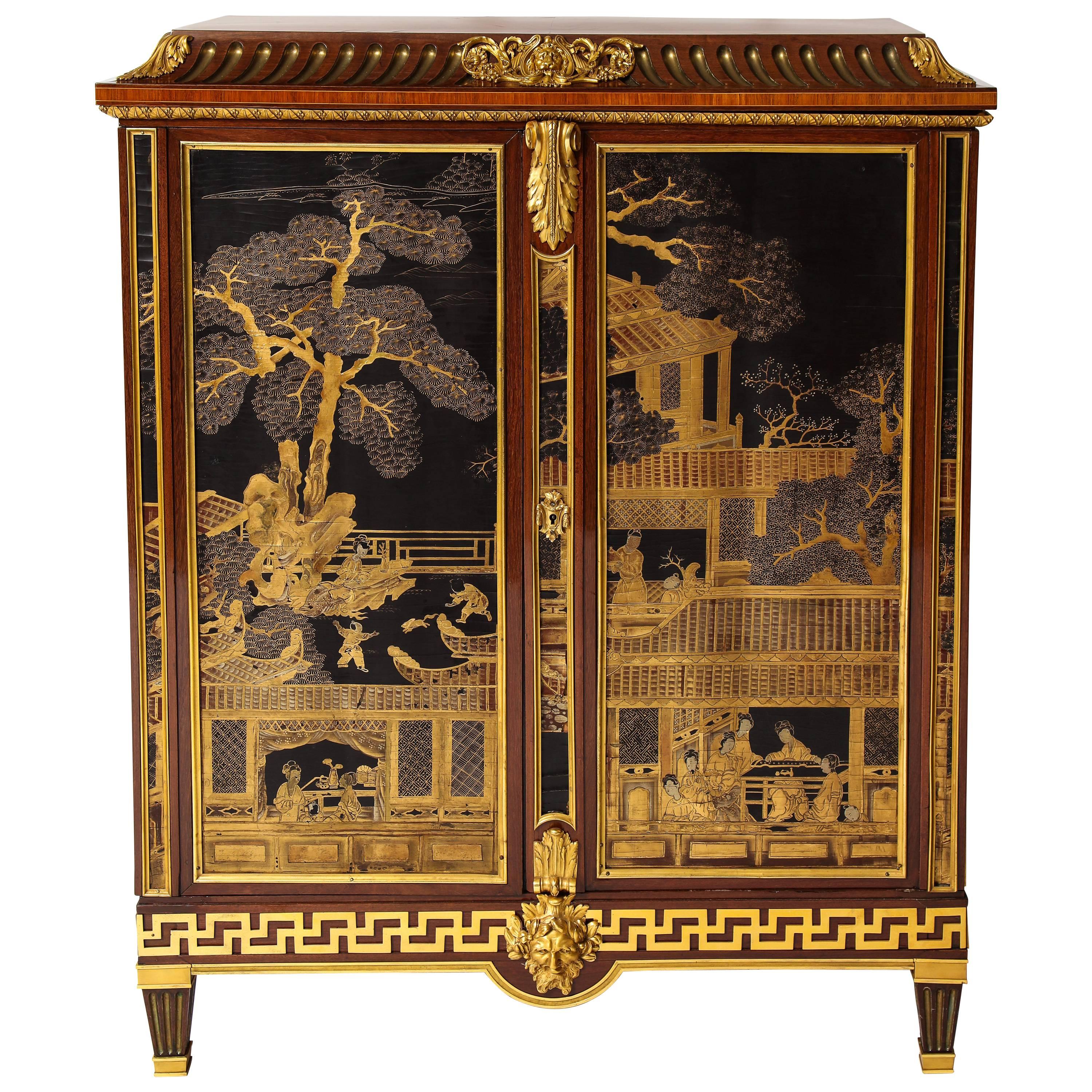 French Louis XVI Style Gilt Bronze-Mounted Mahogany Chinese Lacquered Cabinet
