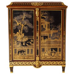 Vintage French Louis XVI Style Gilt Bronze-Mounted Mahogany Chinese Lacquered Cabinet