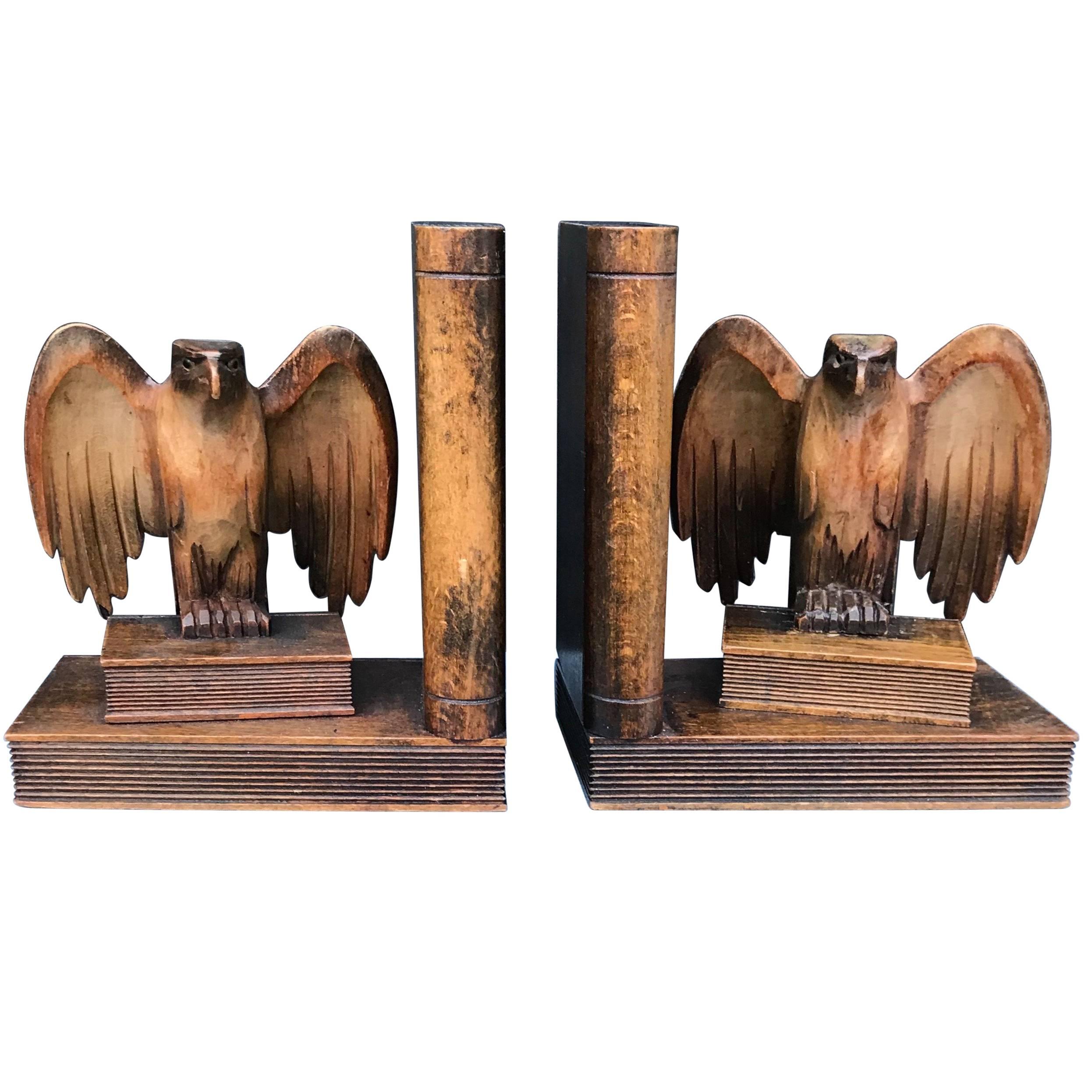 Rare Early 1900s Hand-Carved Solid Wood Pair of Winged American Eagle Bookends