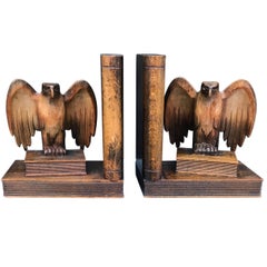 Rare Early 1900s Hand-Carved Solid Wood Pair of Winged American Eagle Bookends