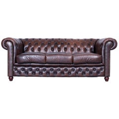 Chesterfield Sofa Brown Mocca Leather Three-Seat Couch Vintage Rivets