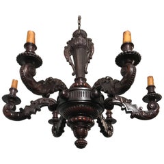 Early 1900 Six Arm, Quality Hand Carved Wood Pendant, Chandelier,  Light Fixture