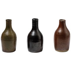Beautiful Set of Three Bottles or Vases by Norbert Pierlot French Ceramic, 1950