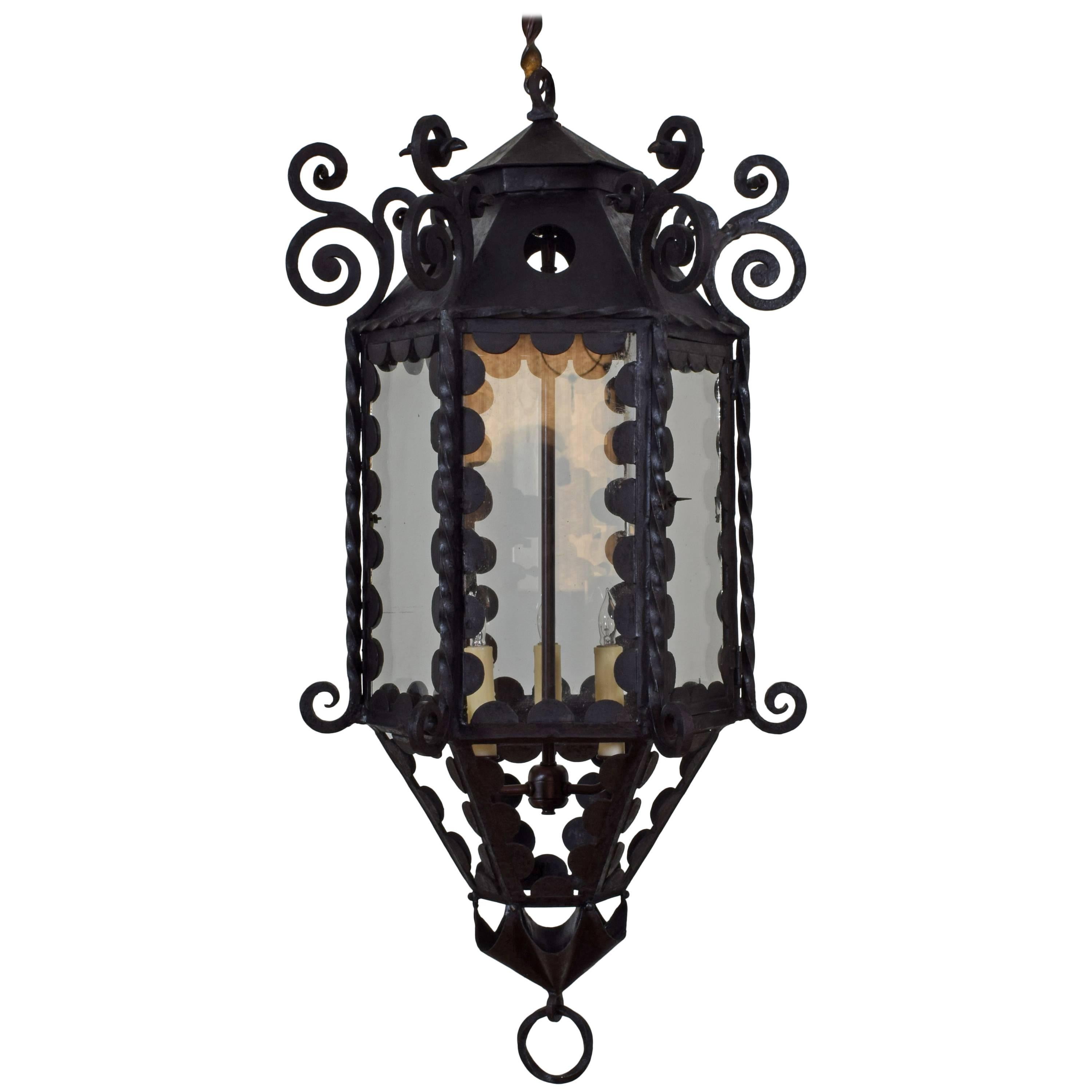 Italian Wrought Iron, Metal, and Glass Baroque Style Lantern, 19th Century