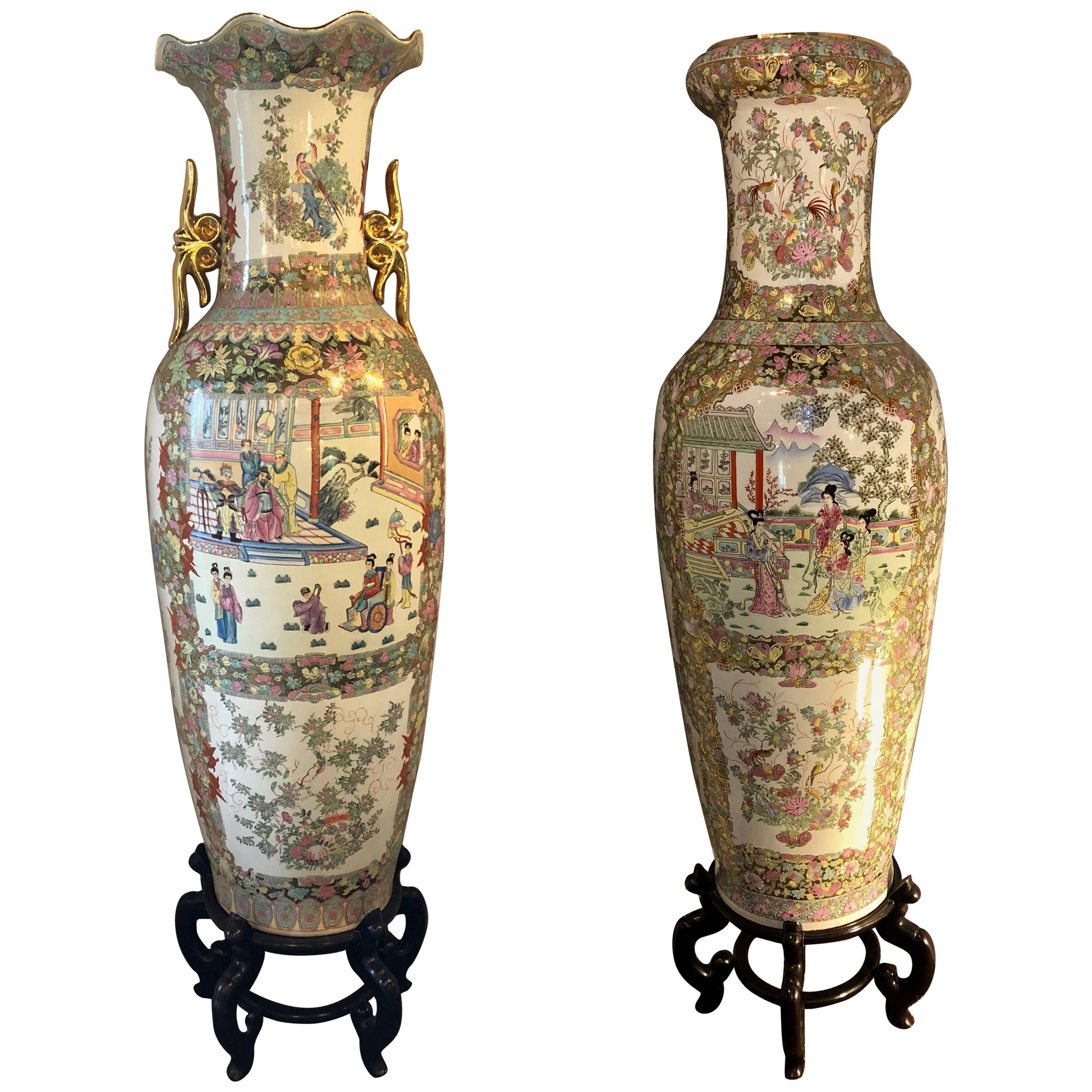 Pair of Compatible Monumental Oriental Vases on Teak Stands