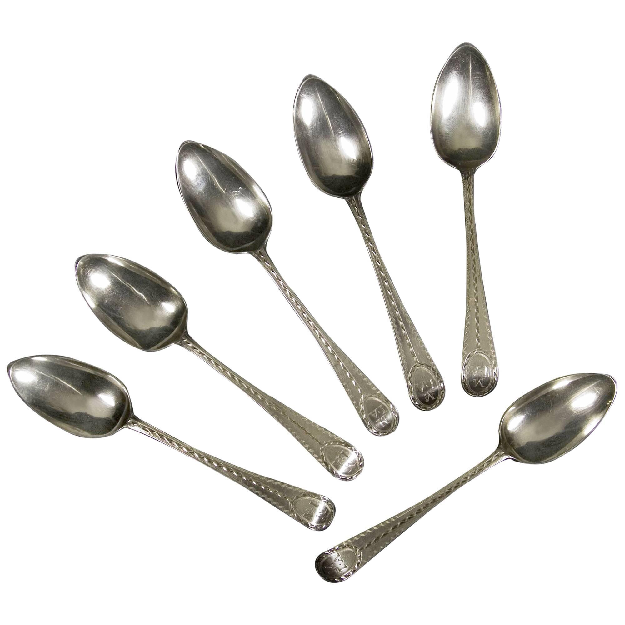 Antique English Silver Bright Cut Teaspoons by Stephen Adams, London, 1794 For Sale