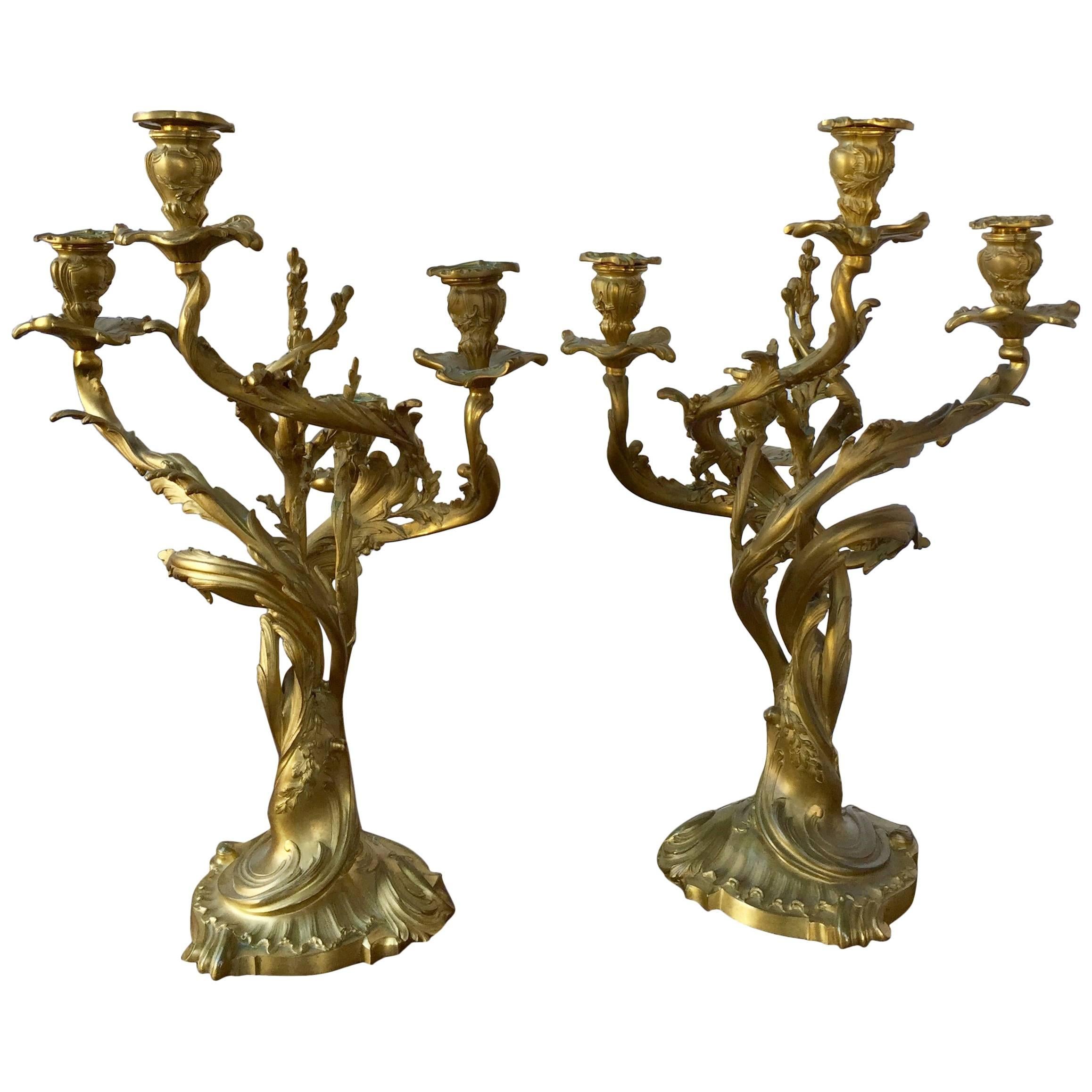 Pair of Louis XV Style Cast Gilt Bronze Candelabra by A.E. Beurdeley