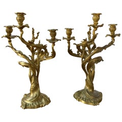 Pair of Louis XV Style Cast Gilt Bronze Candelabra by A.E. Beurdeley