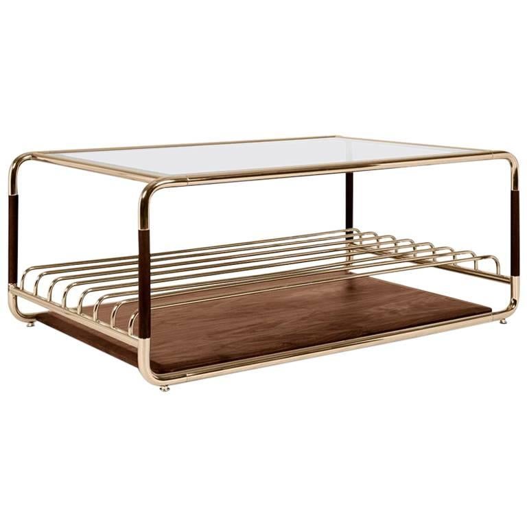 Goldfinger Coffee Table With Polished Brass and solid Walnut For Sale