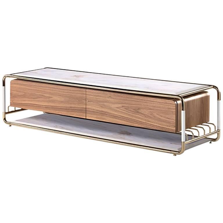 Goldfinger TV Table With Polished Brass and White Marble For Sale