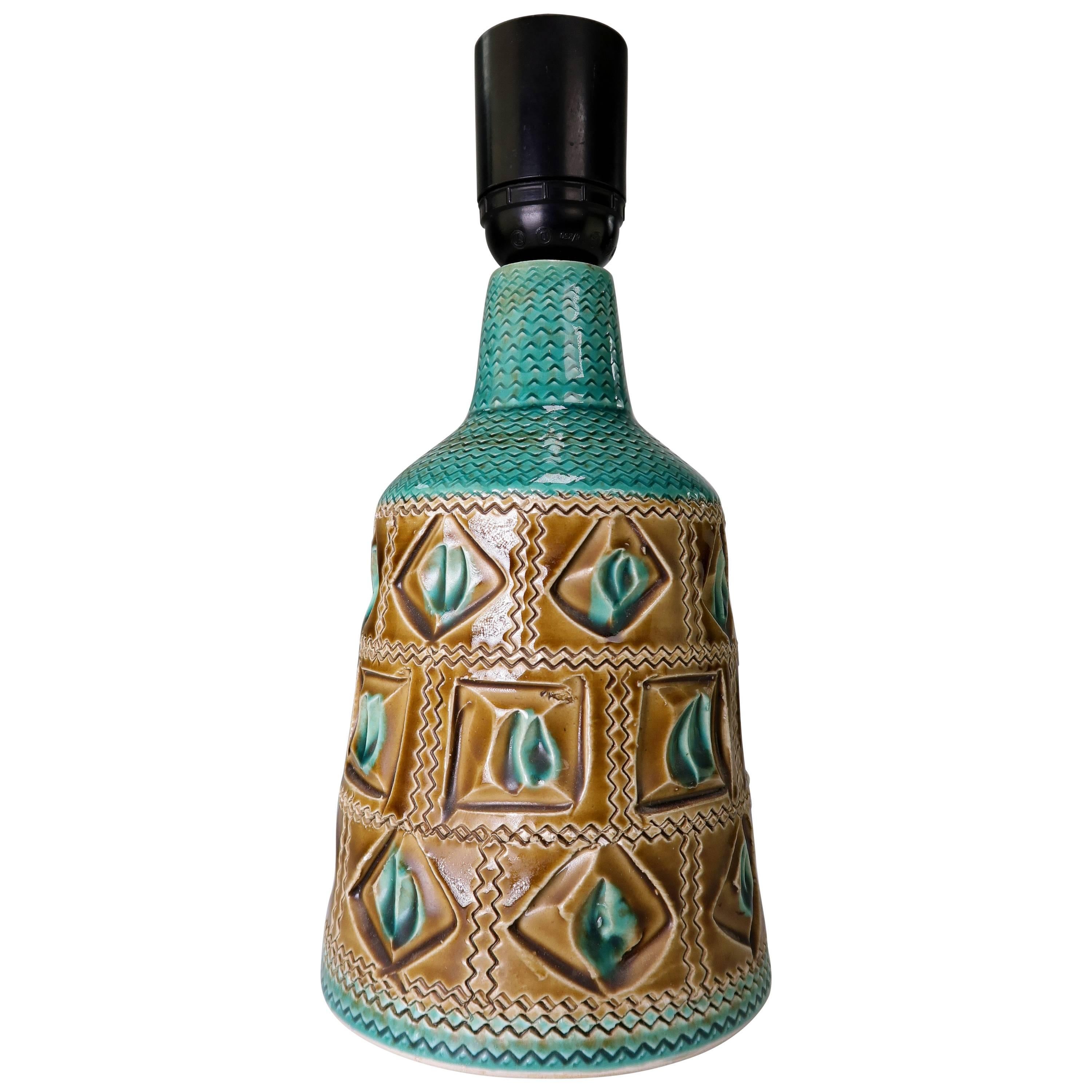 Italian Bitossi Turquoise Green, Caramel Brown Ceramic Table Lamp