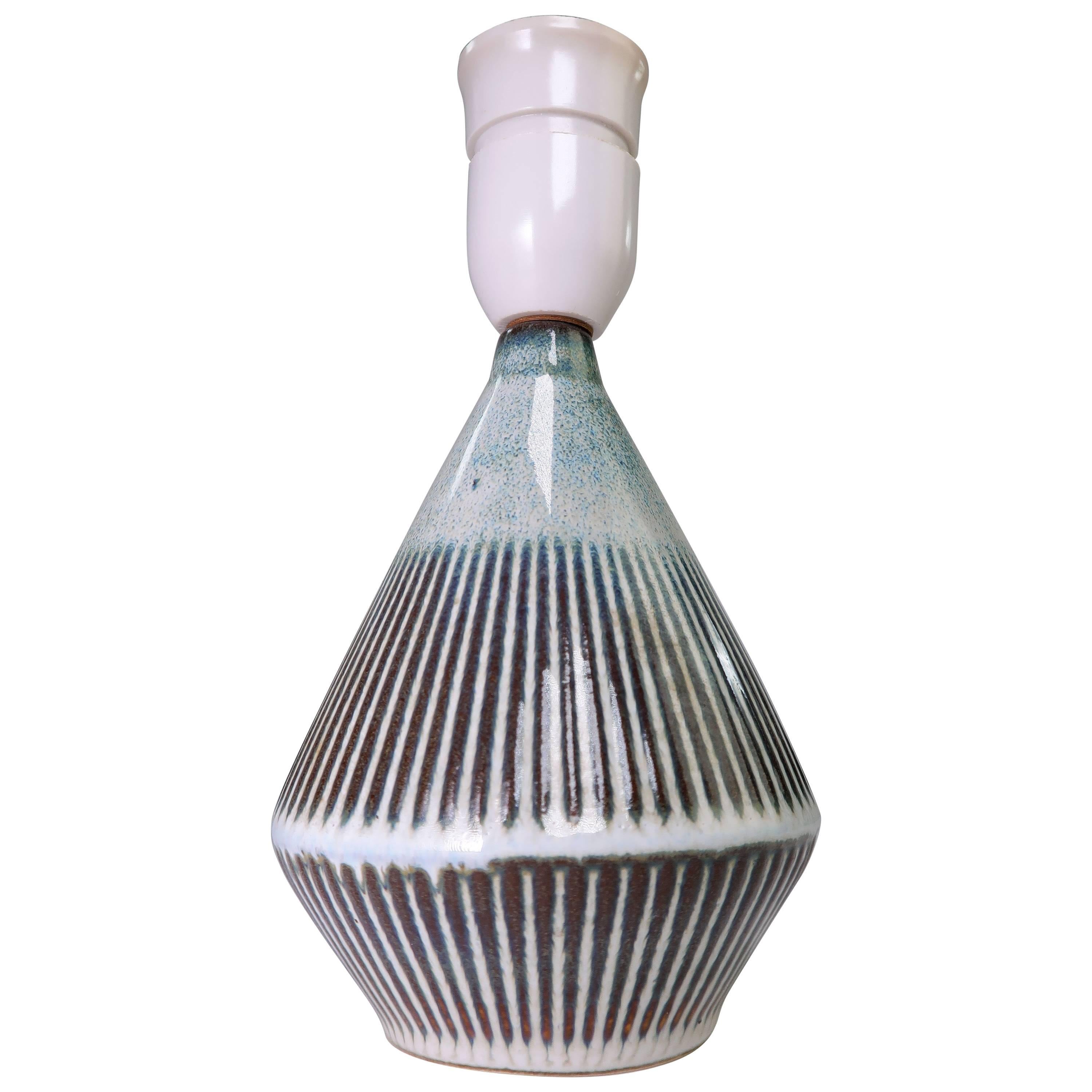 Soholm Pottery Danish Modern Handmade Sage Stoneware Lamp with Stripes, 1960s