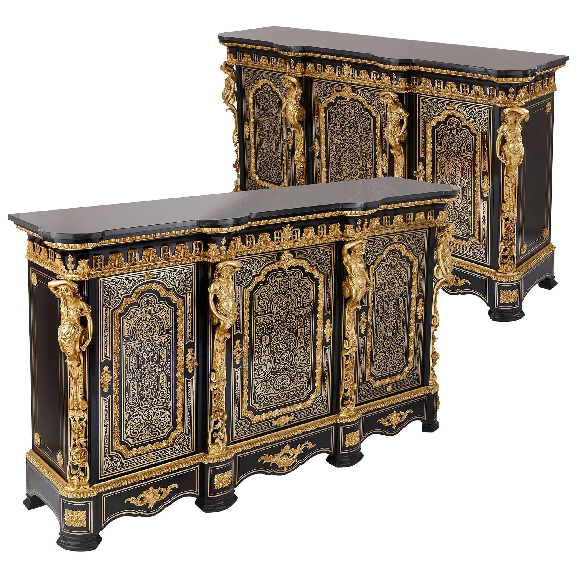 Pair of Boulle Marquetry and Ebonized Wood Antique Cabinets by Maison Krieger