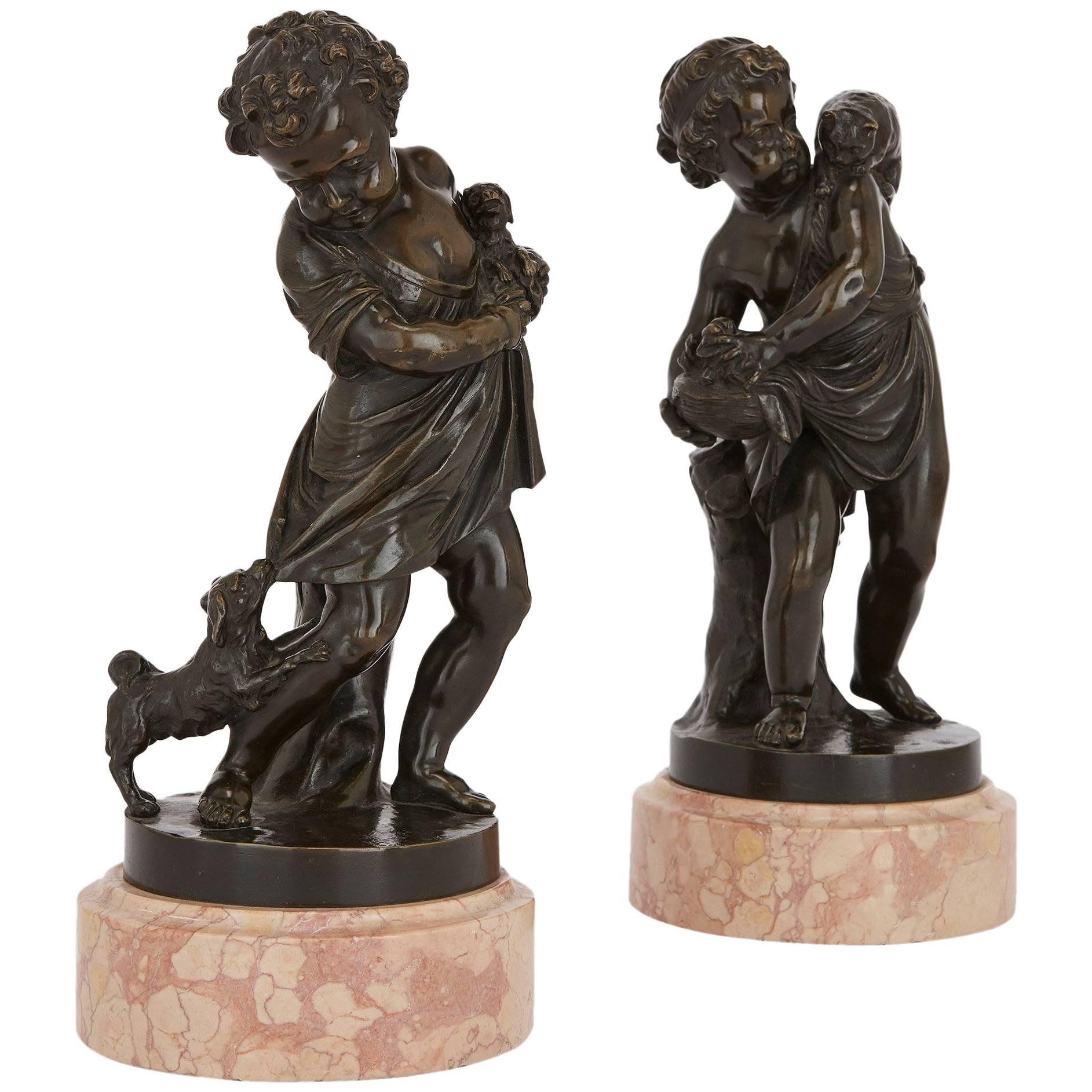 Pair of Antique Bronze Figures of Cherubs and Animals For Sale