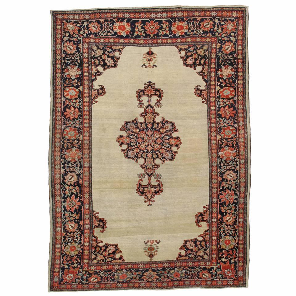 Antiker antiker Farahan Sarouk Teppich, handgefertigter orientalischer Teppich, Elfenbein, Rot, Marineblau, VERFINE