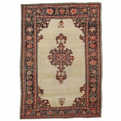 Alfombra Sarouk Farahan Antigua, Alfombra Oriental Hecha a Mano, Marfil, Rojo, Azul Marino, MUY FINA