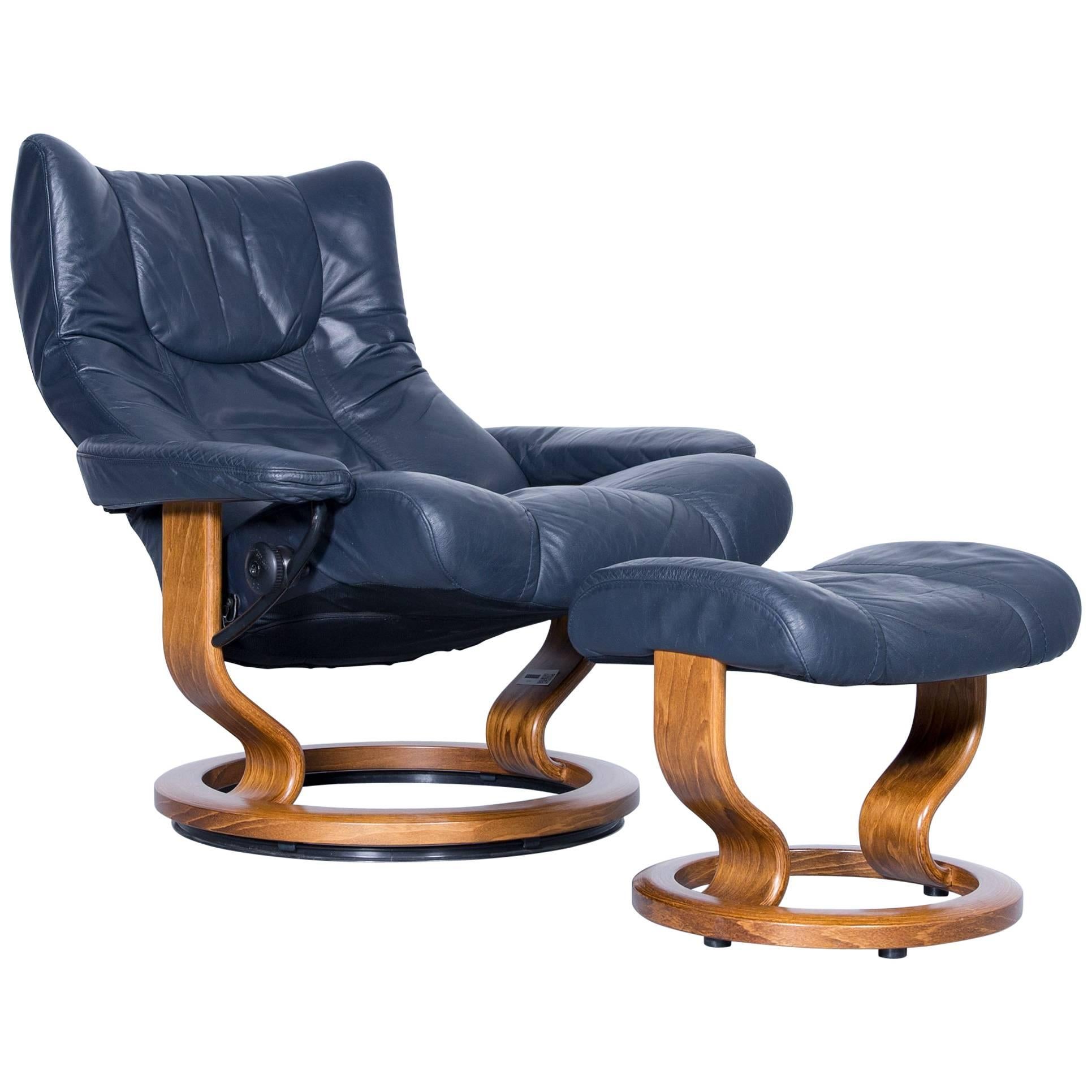 Stressless Wing Relax Armchair Dark Blue + Footrest Leather Relax TV Recliner