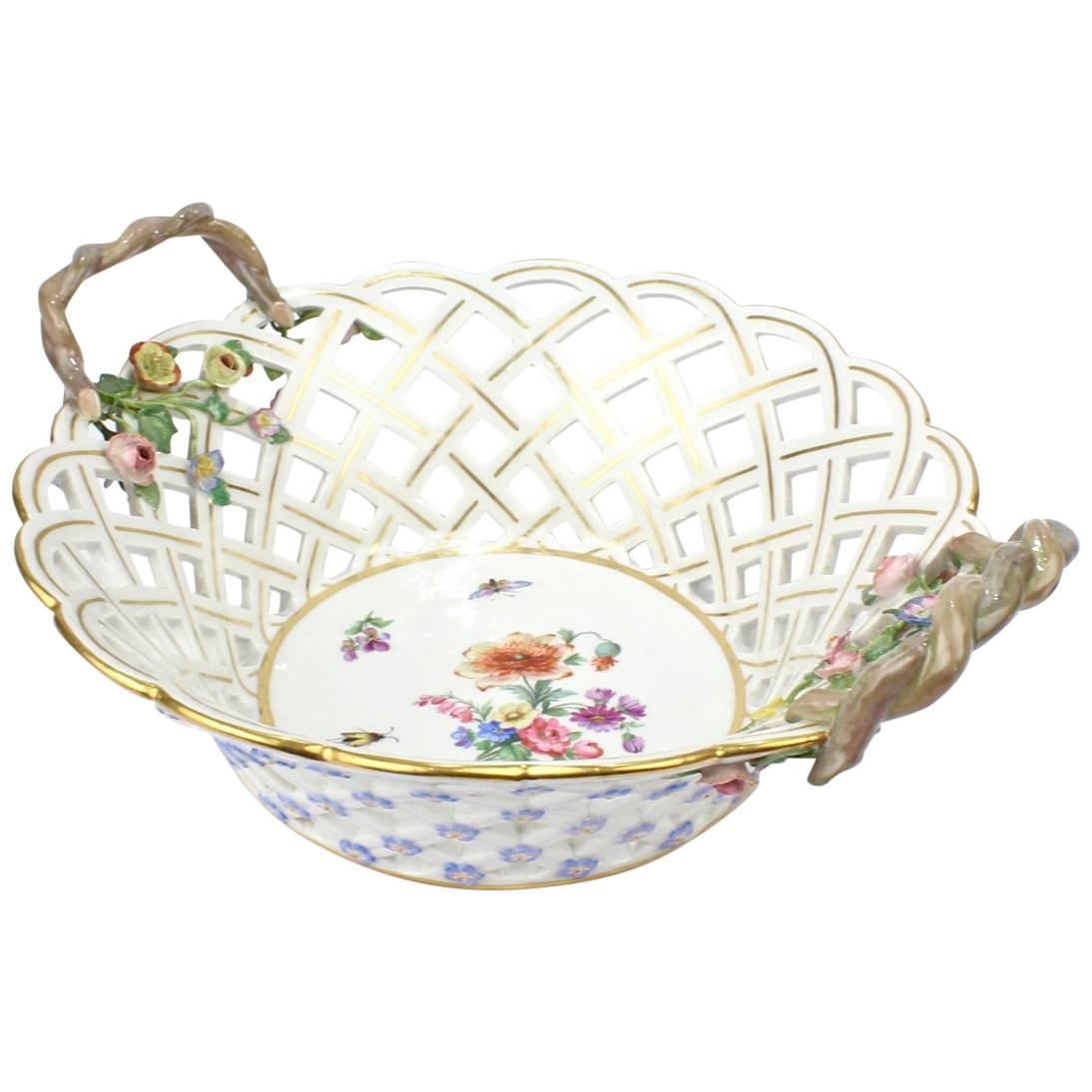 Antique 19th Century Meissen Porcelain Reticulated Fruit Basket with Flowers