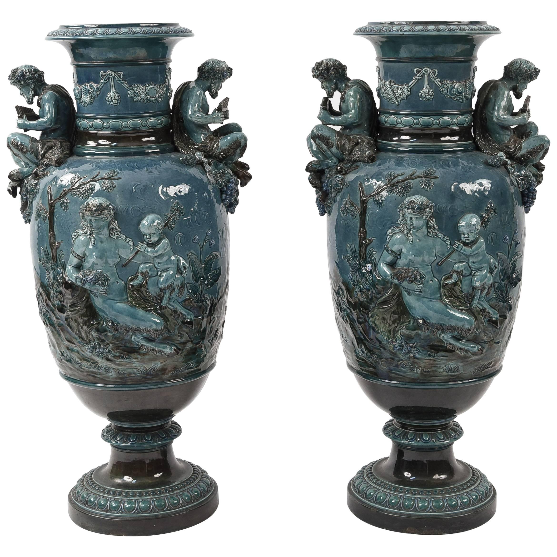 Pair of Monumental Blue French Majolica Decorative Urns For Sale