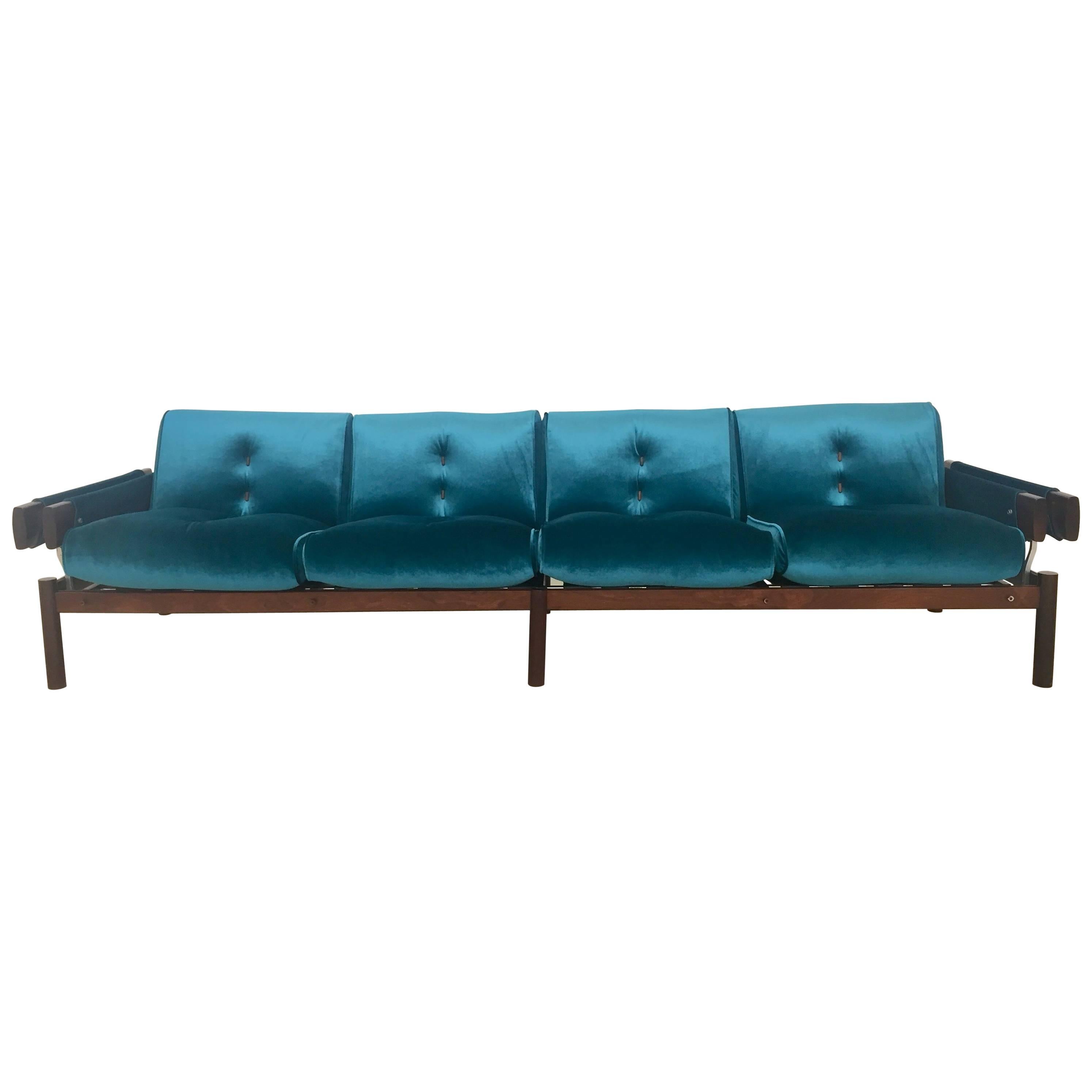 Brazilian Modern, Percival Lafer Couch, Four Seats, Rosewood and Metal Structure For Sale