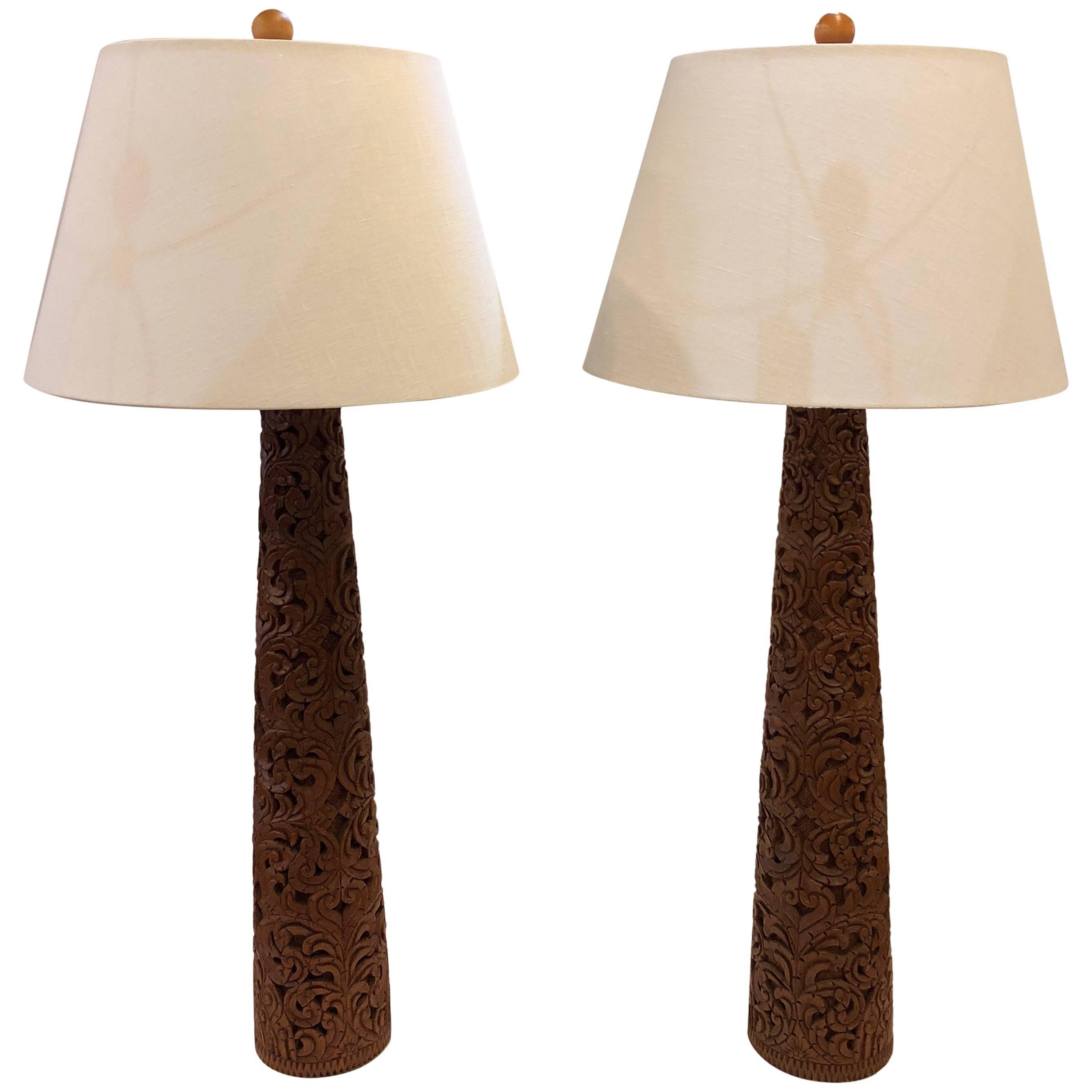 Pair of Hand-Carved Midcentury Teak Lamps California Cool For Sale