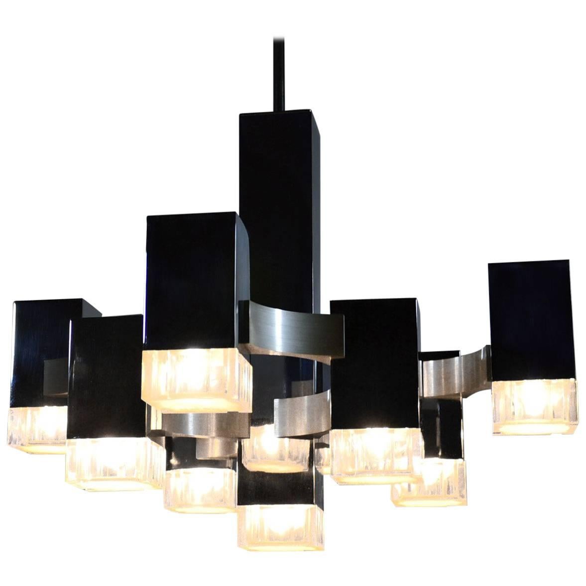 Cubic Chandelier by Gaetano Sciolari, Chromed and Brushed Metal and Lucite, 1970