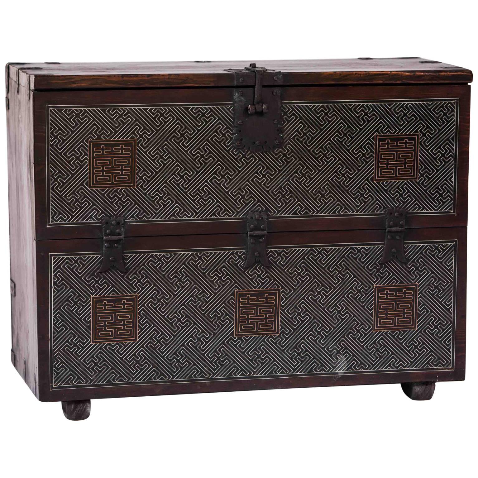 Chest Korea Limewood Silver Inlay Brown Storage 19th Century Trunk