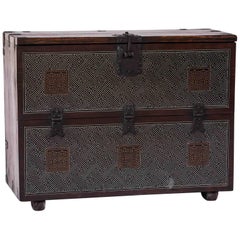 Antique Chest Korea Limewood Silver Inlay Brown Storage 19th Century Trunk