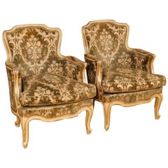 Pair of Italian Armchairs in Lacquered Gilt Wood in Damask Velvet 20th Century