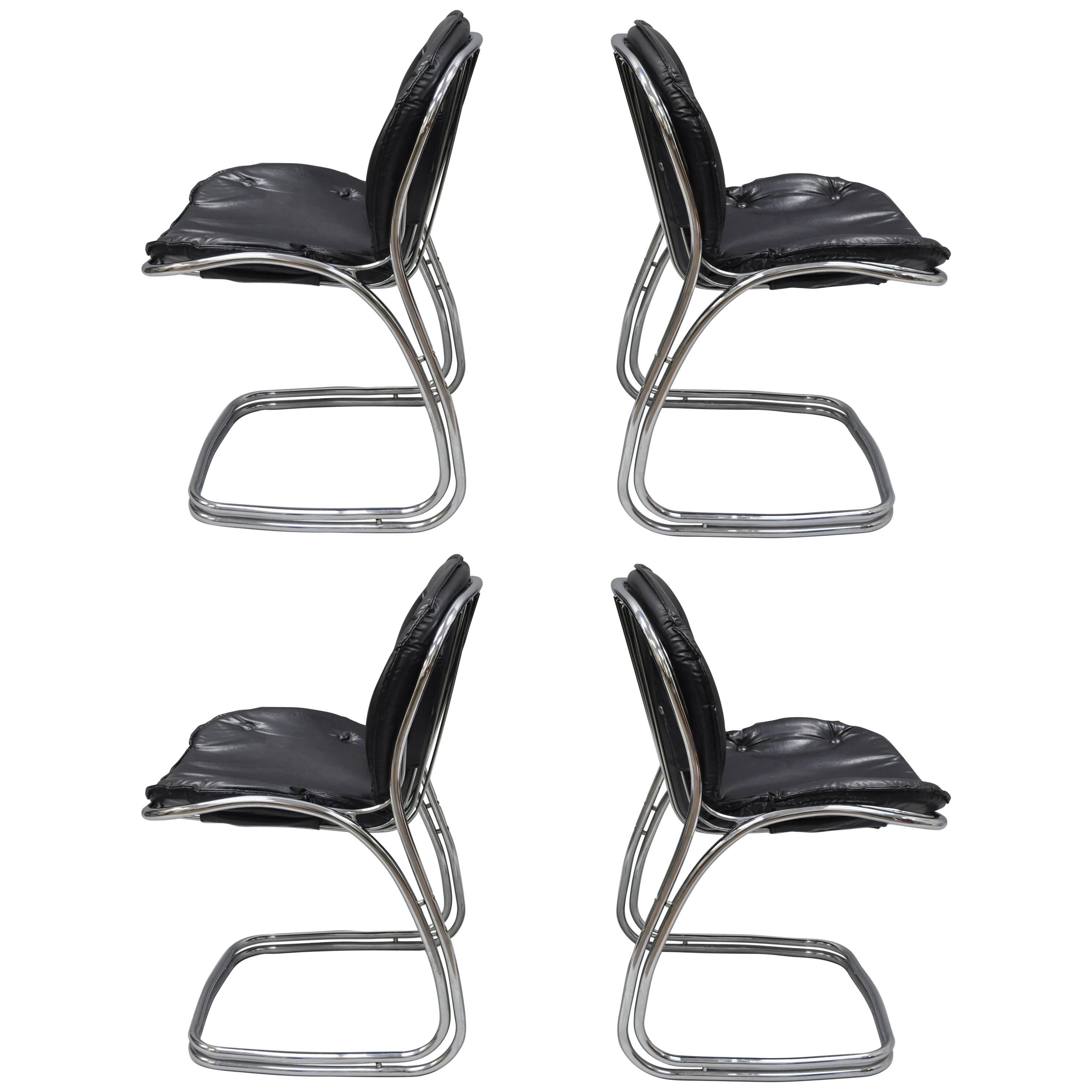 Six Vintage Mid Century Modern Tufted Black Vinyl & Chrome Dining