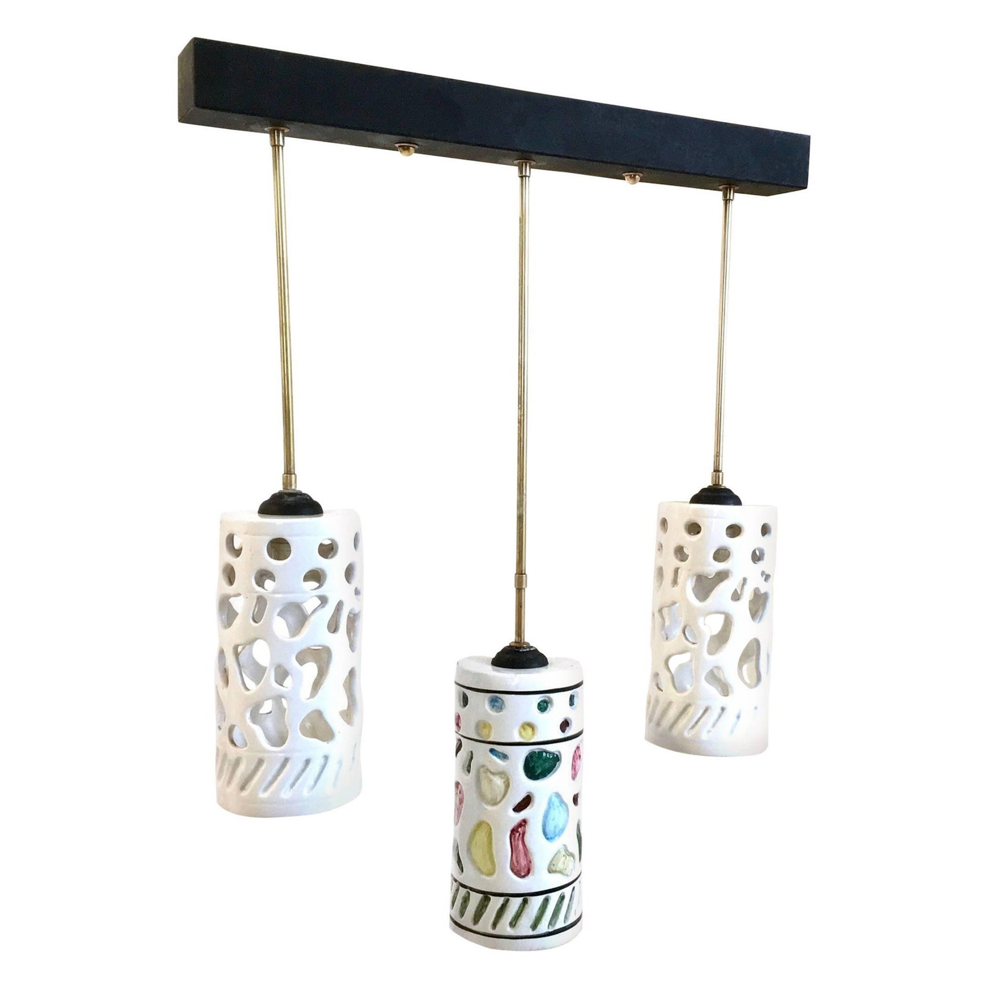 Vintage Chandelier with Cylindrical Ceramic Lampshades by Ceramiche Pucci, Italy