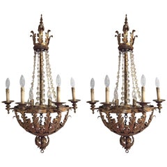 Pair of Italian Gold Tole and Crystal Basket Sconces