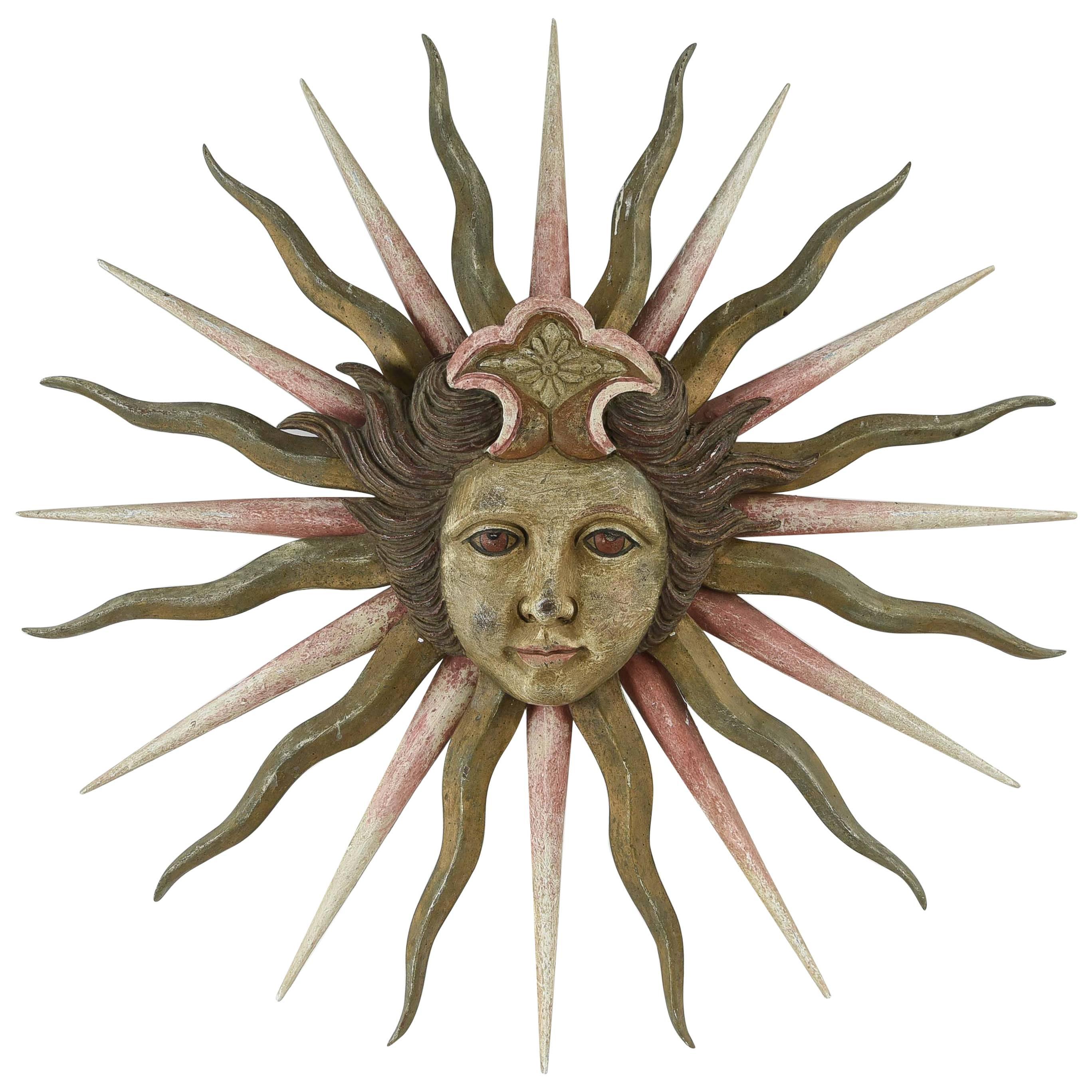 Carved Wood & Painted Sun Sculpture