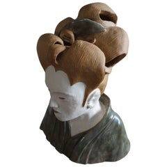 Modern Terracotta Asian Bust Sculpture with Glazed Robe and White Face