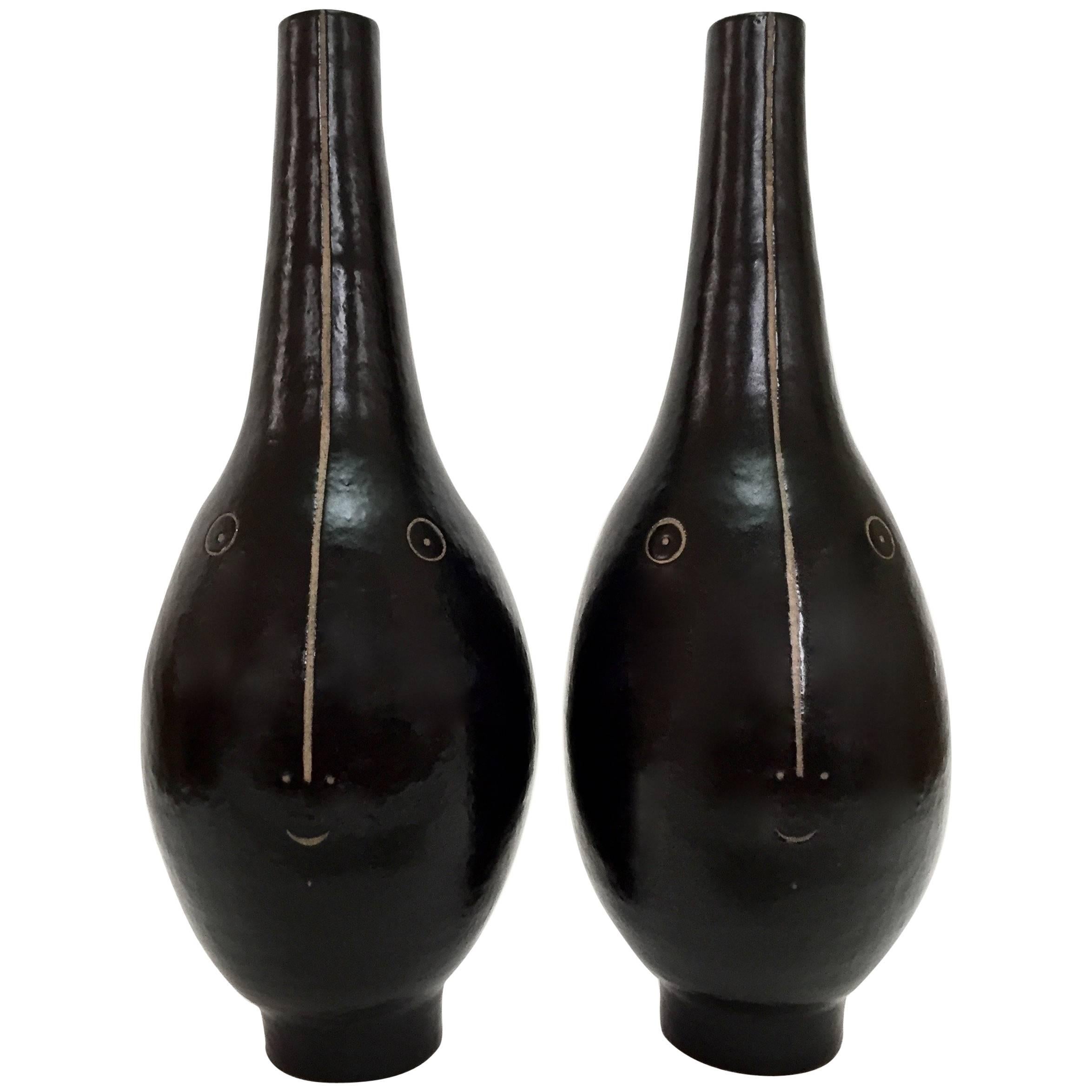 Dalo, Large Pair of Ceramic Lamp Bases Glazed in Black For Sale
